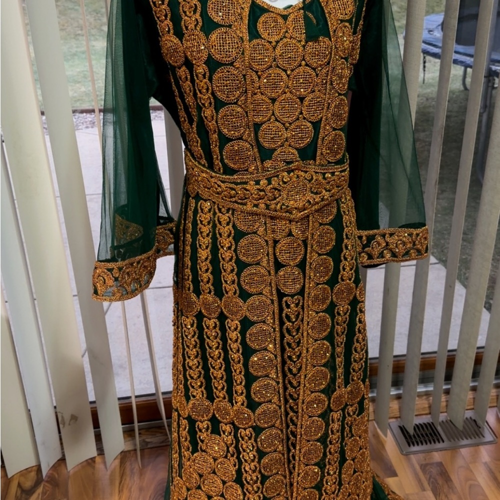 Elegant Green and Gold Embellished Dress